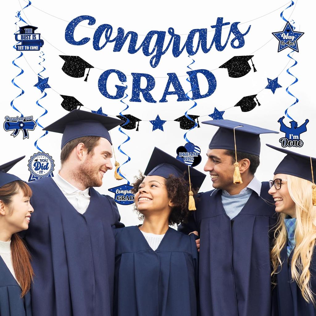 Black and Blue Graduation Party Decorations 2025 Congrats Grad Banner, NO-DIY Graduation Decorations Class of 2025 Congratulations Graduate Banner