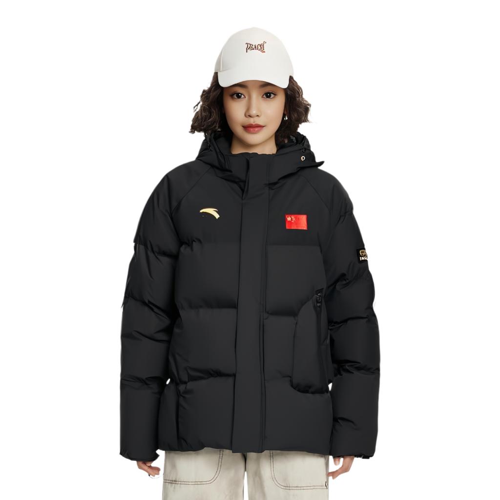 Anta Classic Series Logo Hooded Zipper Thick Casual Short Down Jacket Unisex outerwear Black 462340106-1