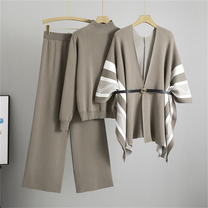 Set da donna autunno e inverno alla moda tre pezzi Cardigan scialle in maglia casual ampio Maglione a collo alto Pantaloni a gamba larga