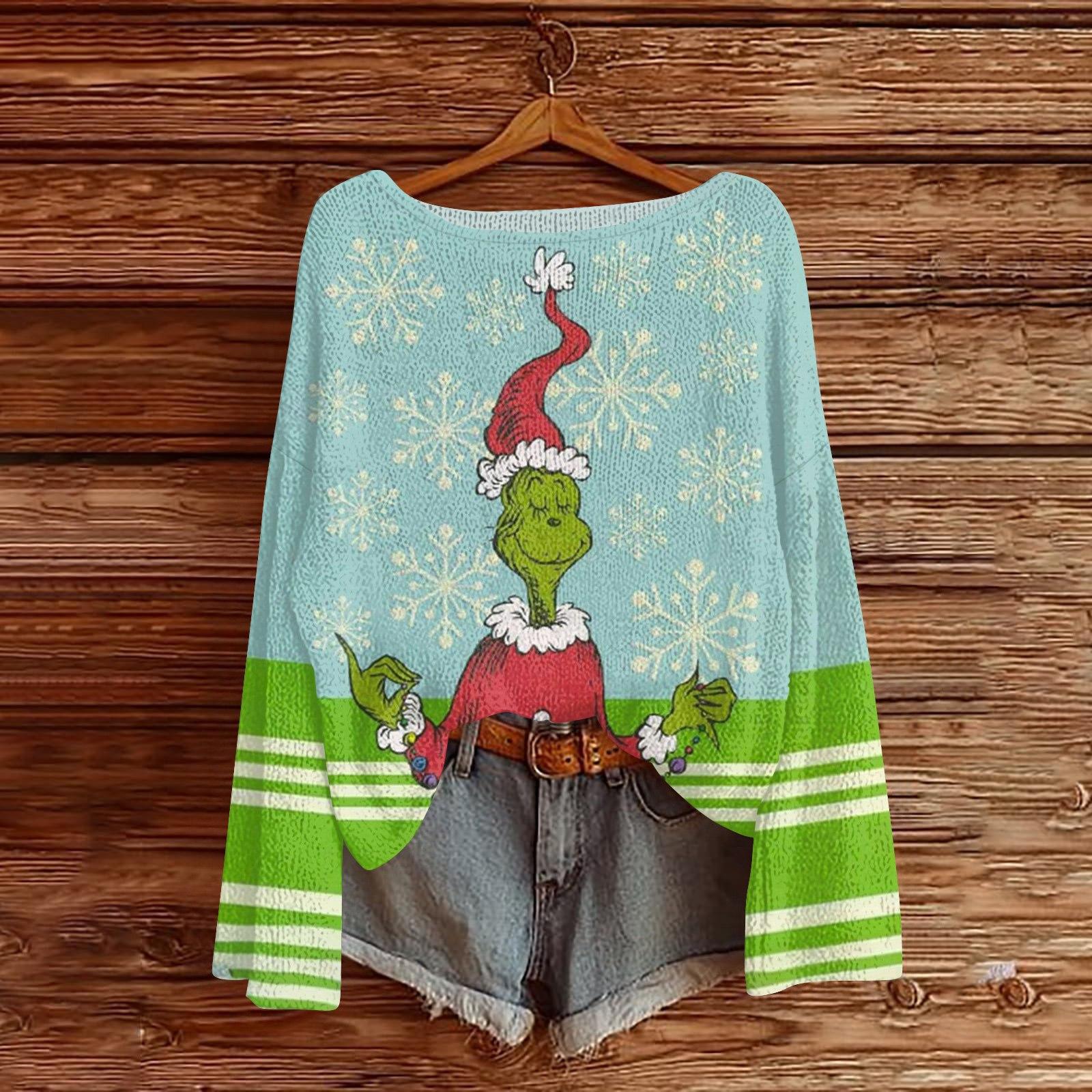 

Рождественские толстовки для женщин Вязаный свитер Милая рубашка Осенний свитер с круглым вырезом Топы XXL