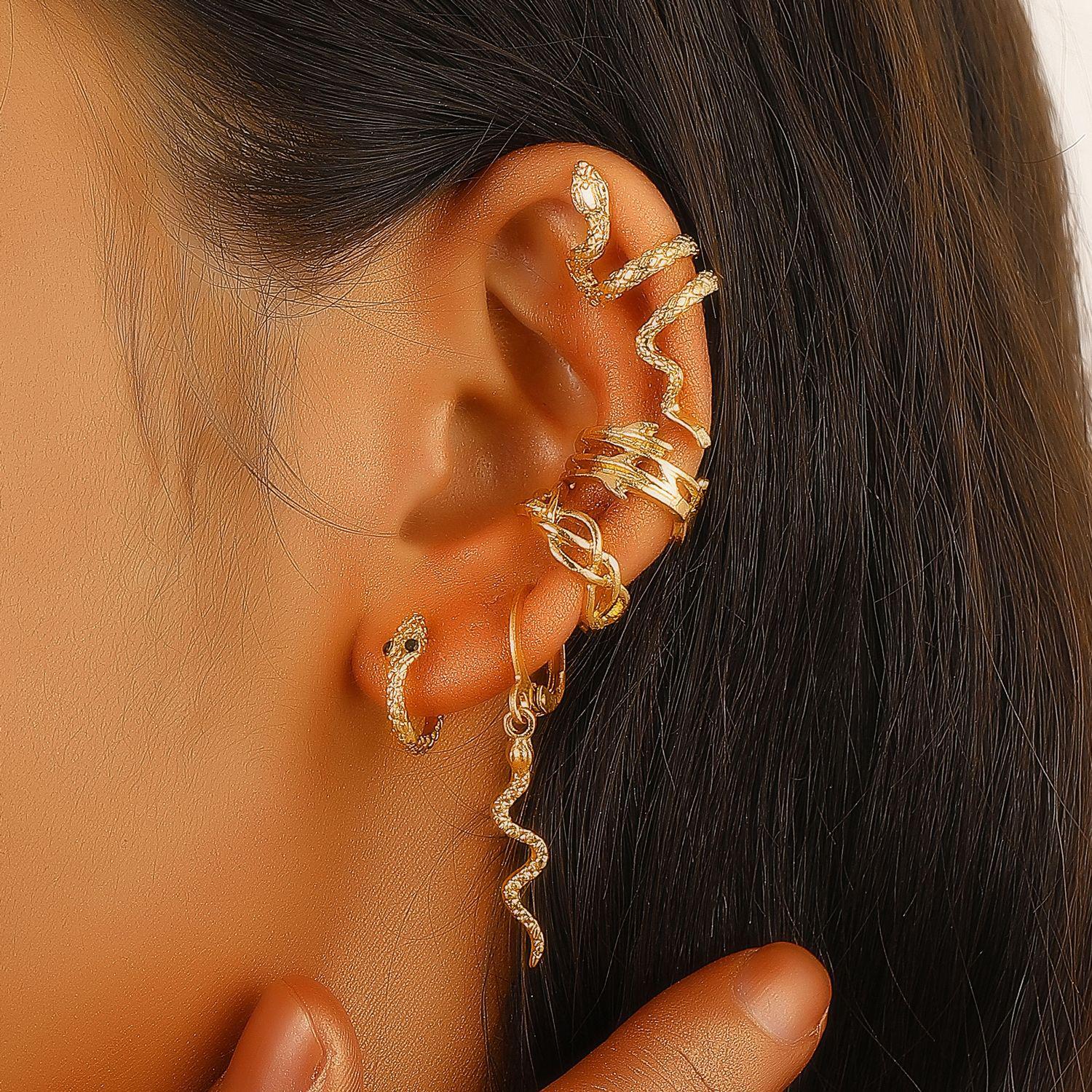

European & American Snake Leaf Earring Set: Non-Pierced Clips, Studs, Ear Cuffs