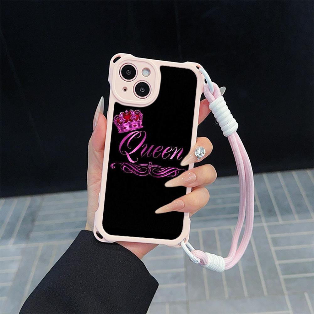 Ae84 King Queen Couple Art Soft Phone Cases for iPhone 16 15 14 13 12 11 Pro Max 8 7 Plus XR XS with Wrist Strap Lanyard Corner Protection Back Cover