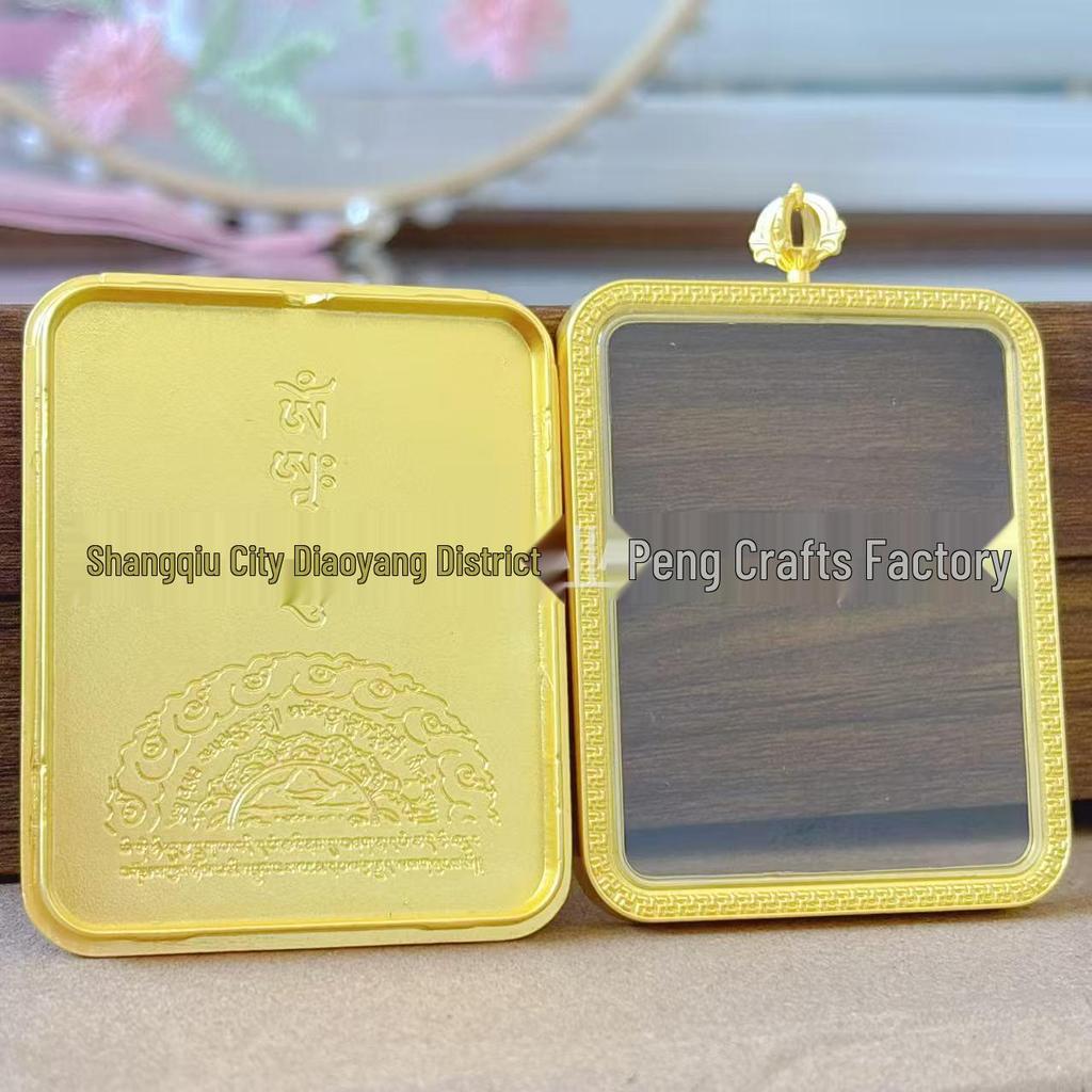 Golden Square Thangka Gau Box Pendant - Tibetan Buddhist Amulet Wearable Sweater Chain