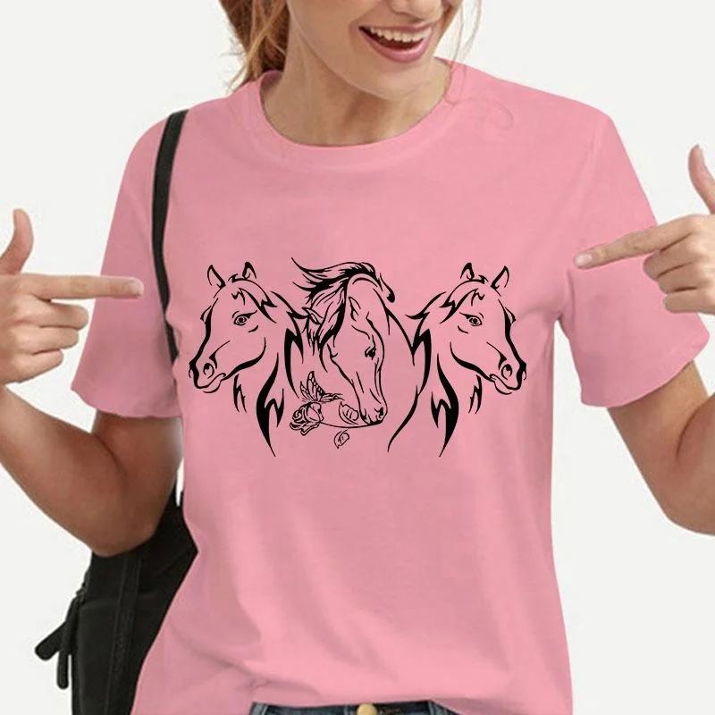 New Horses Print T-shirts Women Summer Cool Short Sleeve Female Casual T-shirts Round Neck Tops