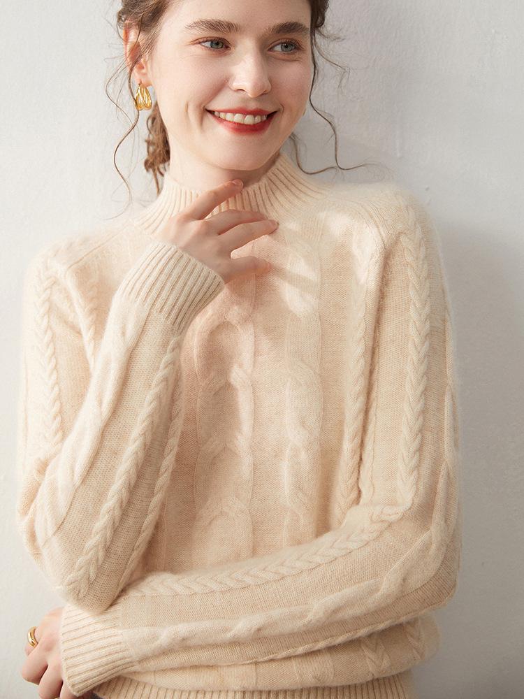 Women's Thick Cable-Knit Cashmere Pullover: Seven-Needle, Double-Strand, Half-High Neck, Raglan Sleeves, Casual Base Layer Top