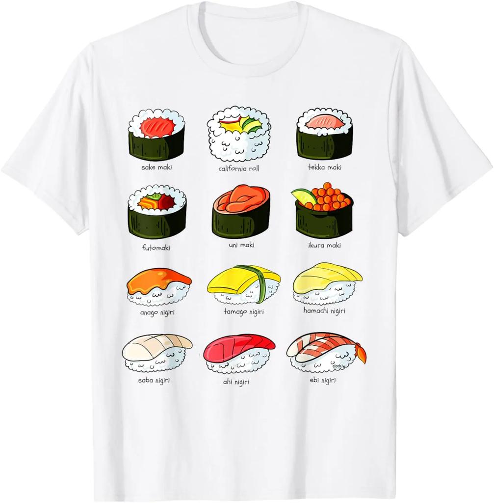 Sushi Types Illustration Graphic Tee Different Kinds of Maki Nigiri Casual Short Sleeve TShirt Unisex