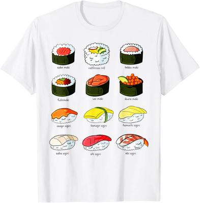 Sushi Types Illustration Graphic Tee Different Kinds of Maki Nigiri Casual Short Sleeve TShirt Unisex