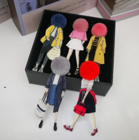 

Fashion Brooch Pins for Woman Brooches Girls Cartoon Models Acrylic Brooches Pompom Clothing Jewelry Accessories Gift Box
