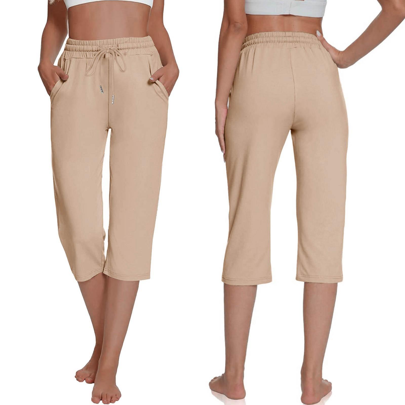 

Жіночі повсякденні однотонні однотонні спортивні вільні укорочені штани-капрі з кишенями L хакі