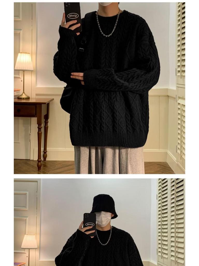 Men's Trendy Japanese Twisted Knit Sweater - Loose, Thickened, Round Neck for Autumn/Winter.