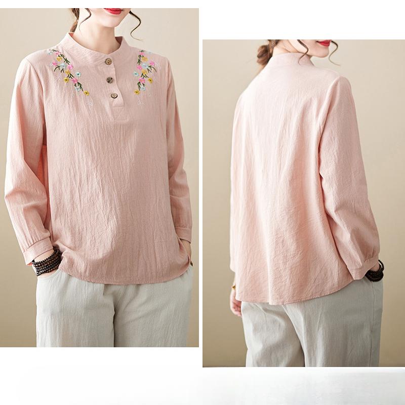 WoMan's Spring and Summer Cotton  Linen Tops Loose Retro Bottoming Shirt  Embroidered Flower Stand-up Collar Half-open Long-sleeved Shirt