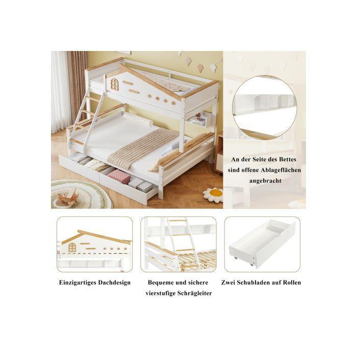 Køyeseng - MUVOE - 90x200cm & 140x200cm - Hvit + Natur - 2 skuffer - Skråstige