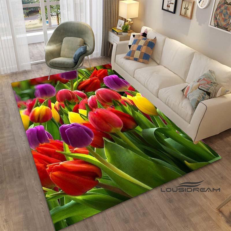 Sunflower Tulip Field Rug for Living Room, Bedroom, Coffee Table, Modern Non-slip Home Decor Area Rugs Customizable