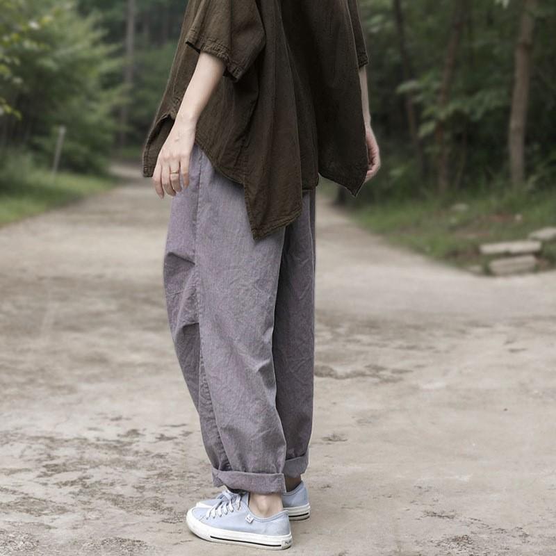 Johnature Women Vintage Wide Leg Pants Fold Elastic Waist Trousers Spring Solid Color Loose Pockets Pants