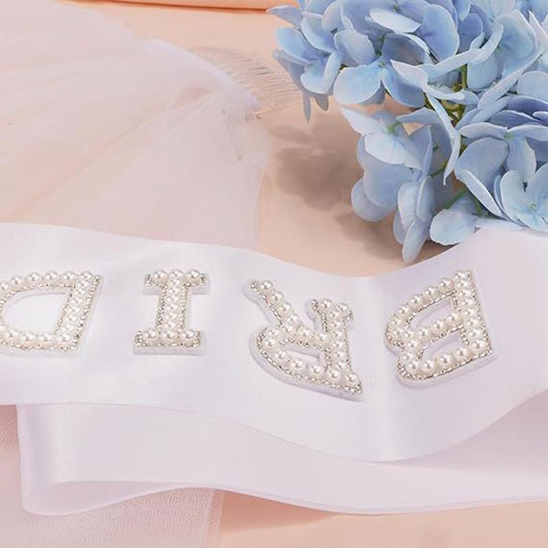 1pc Glitter Bead Bride Sash Bridal Satin Shoulder Strap Decor White Bachelorette Props Wedding Party Favors Supplies