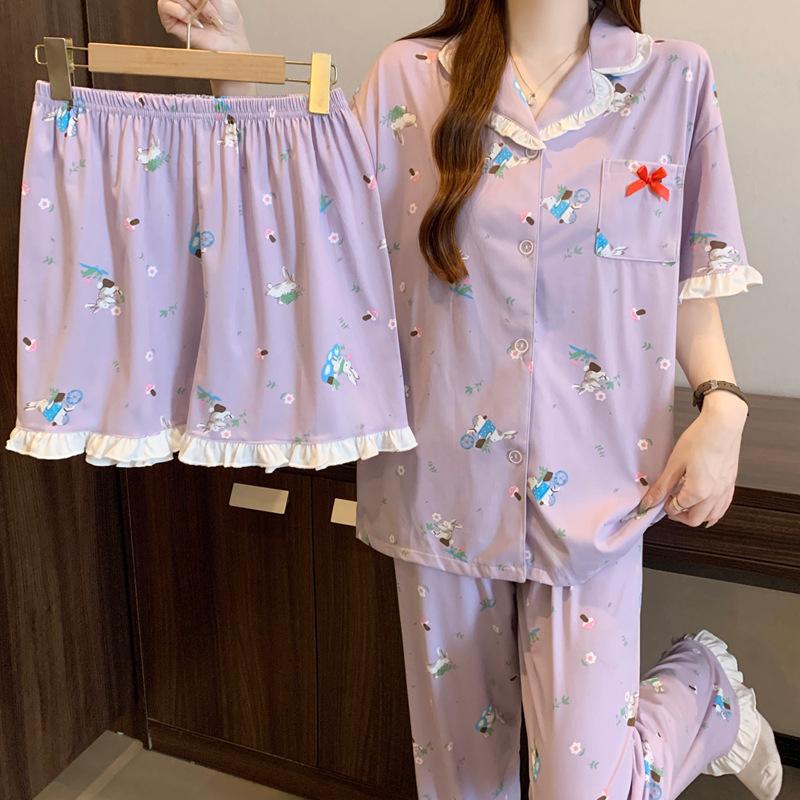 Summer New Purple Lazy Rabbit Cartoon Pajamas Women's Short-sleeved Imitation Cotton Edge Loungewear Three-piece Set