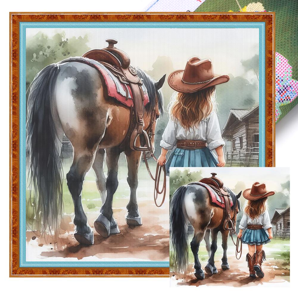 Girl and Horse Printed Cross Stitch Kit DIY 11CT Embroidery Craft Set Home Decor