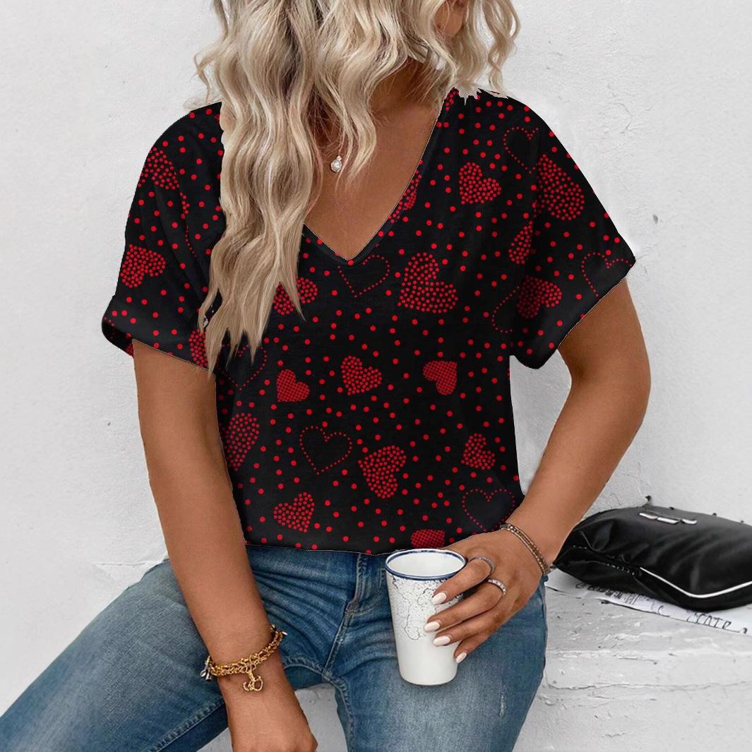 

XL-7XL Плюс Размер V-образный вырез Плюс Размер Женская футболка с короткими рукавами и геометрическим узором в виде сердца Футболки Топы 5XL