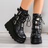 Fashion Women's Goth Platform Motorcycle Boots Punk Rivet Buckle Strap Combat Booties for Women Thick Bottom Wedge Heels Mid Calf Shoes