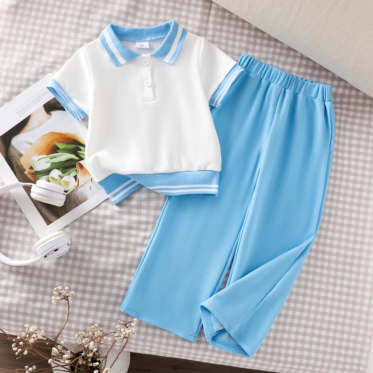 

Girls Fashionable Blue and White Striped Set of Summer Children s Casual T-shirt and Wide-leg Pants Two-piece Set 2-3Y белый