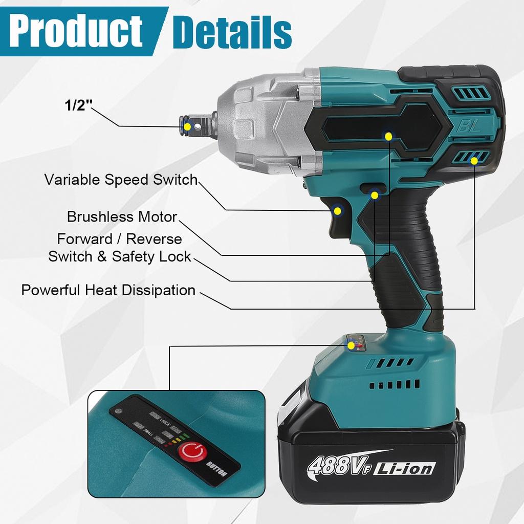 488Vf 1500N.m 1/2 Socket High Torque Brushless Wrench Cordless Electric Impact Wrench Power Tools For 18V Battery