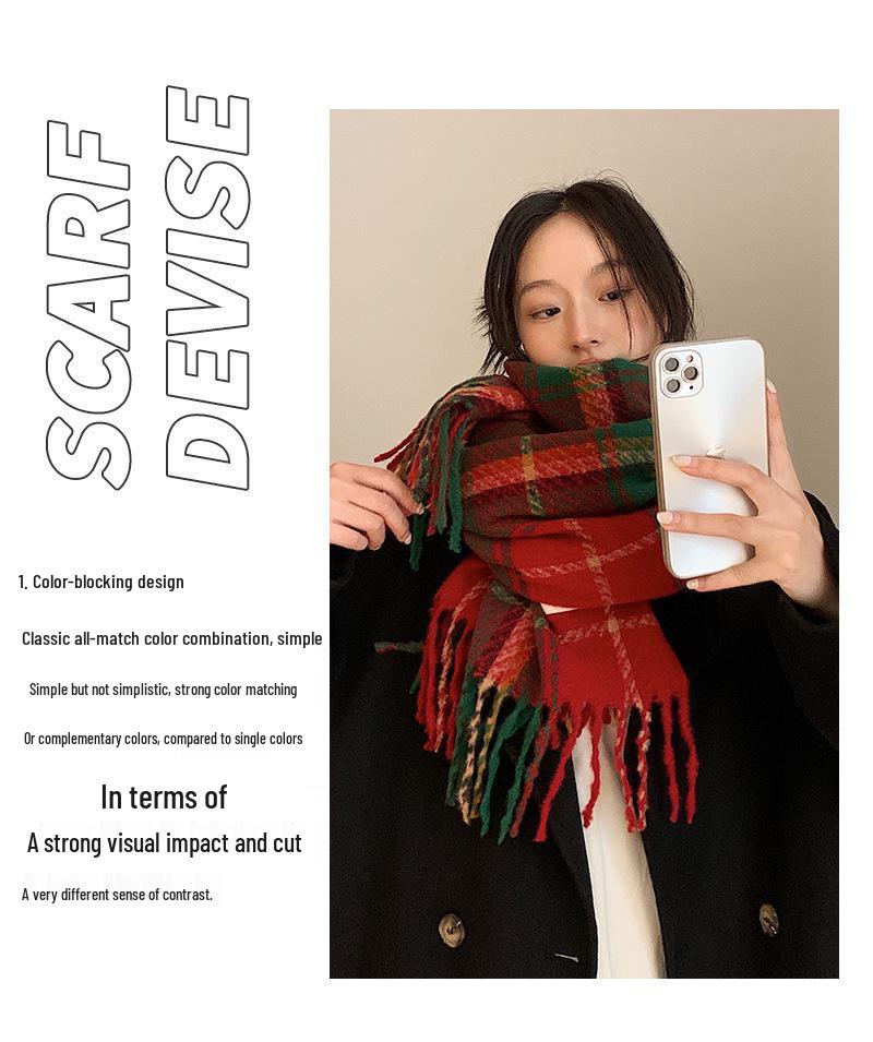 Korean Style Christmas Plaid Thick Scarf & Shawl - Warm & Versatile for Students