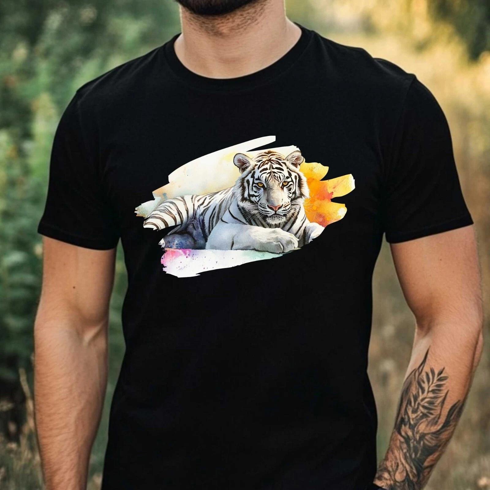 T-Shirt Herren Weißer Tiger Aquarell Motiv Baumwolle Größe XS bis 5XL XXXL