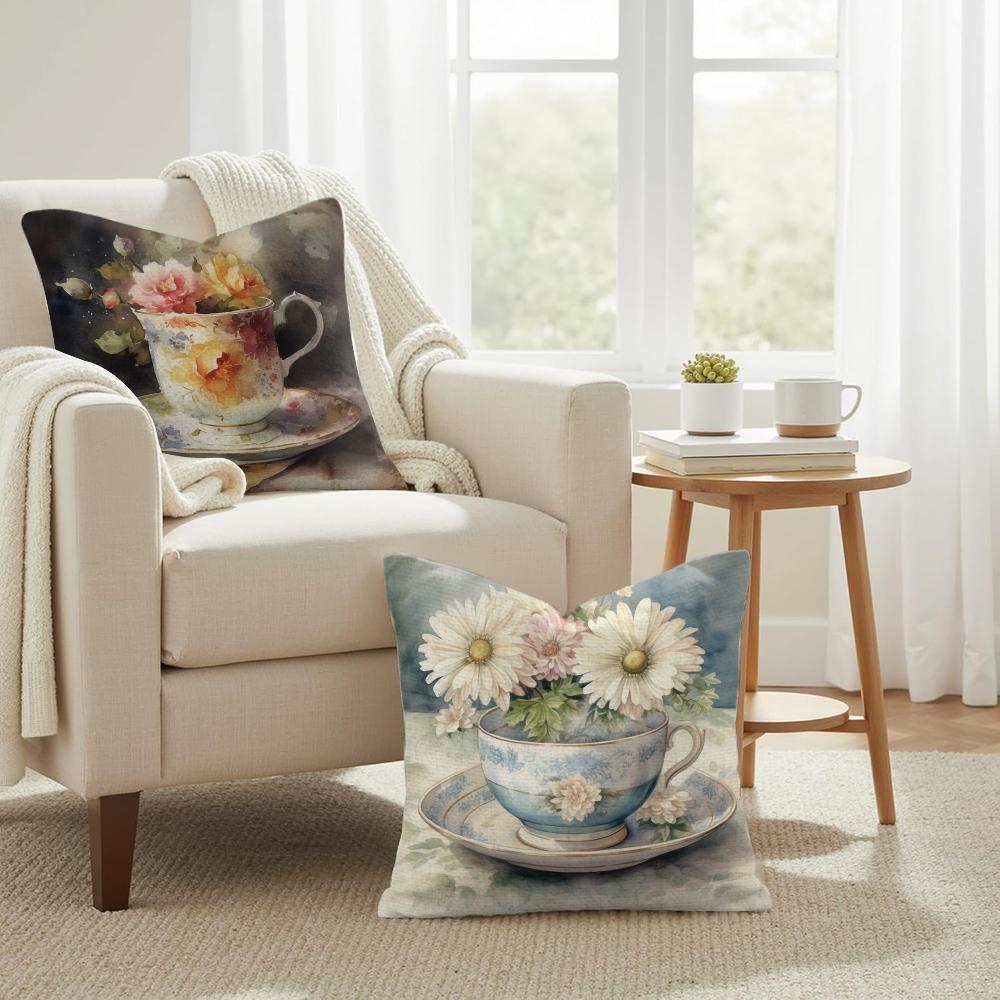 Painting Cup Of Flowers Cushion Cover Summer Linen Pillow Case Organic Fabric Cushion Cover Double-Sided Print Sofa Home Decor