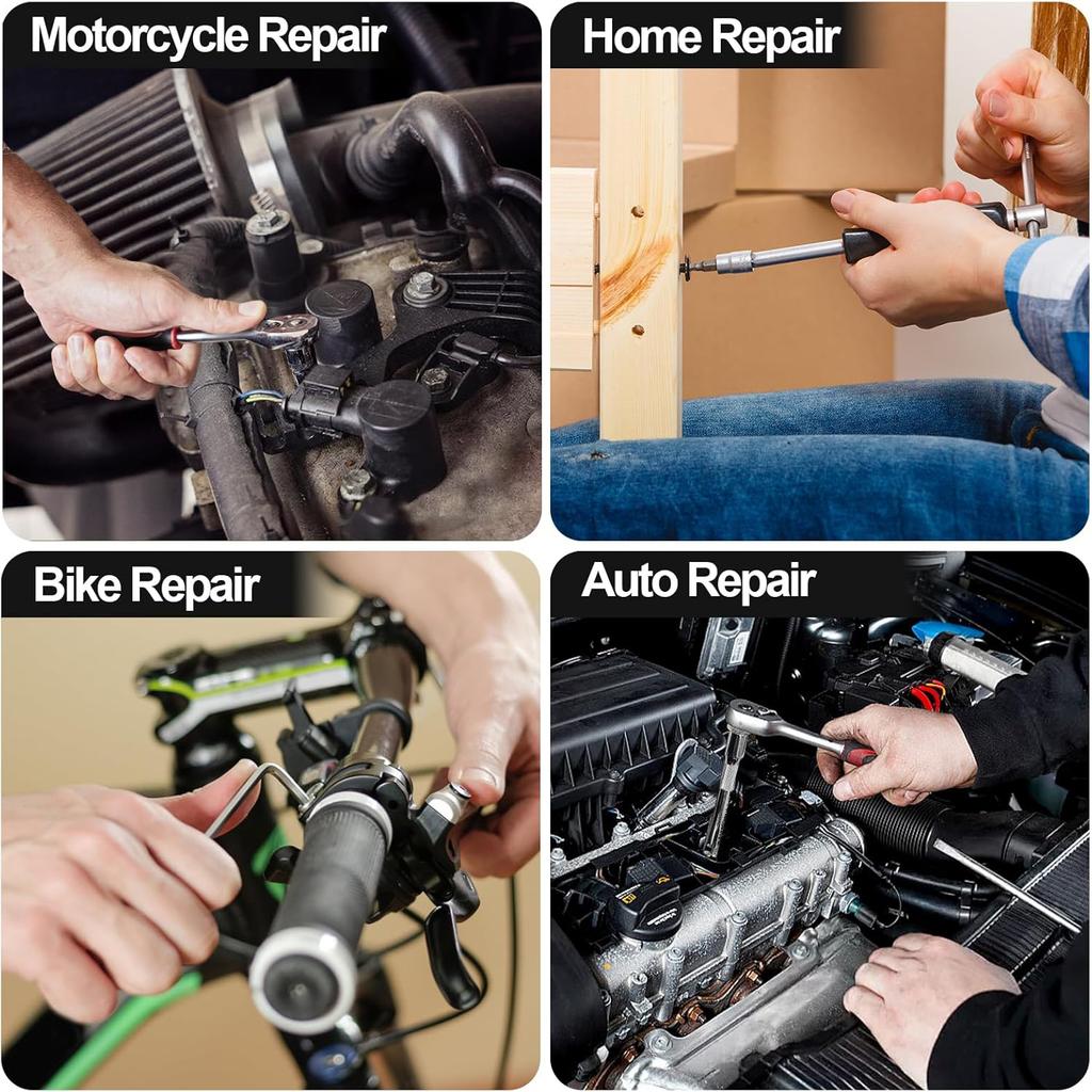 46PCS Small Drive Socket Ratchet Wrench Screwdriver Set, 1/4 Inch Metric Socket and Ratchet Wrench Set with Extension Bar, Compact Tool Set for Car