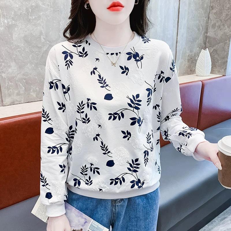White Sweatshirt for Women, Round Neck, Cotton Long Sleeve T-Shirt, New Spring and Autumn Thin Large Size Loose Base Shirt Top Trendy