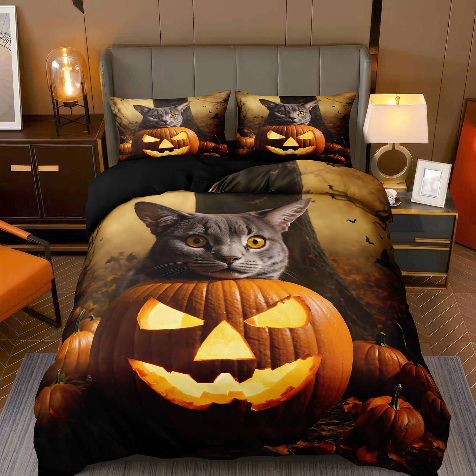 

Cat Pumpkin Duvet Cover Set Halloween Comforter Cover Ghost Bedding Set Horror Quilt Cover Black Room Decor 3PCS NO Comforter EU Single(135*200cm)3pcs