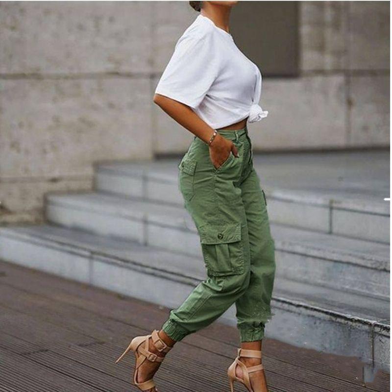 2021 New European and American Fashion Loose Multi-pockets Feet Cargo Pants Women Fj172