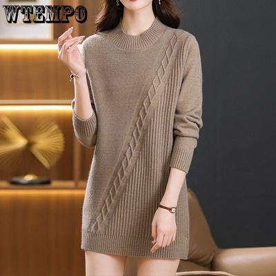 Half Turtleneck Sweater for Women Thickened Mid-length Knitted Sweater for Autumn and Winter Solid-color Casual Loose Pullover
