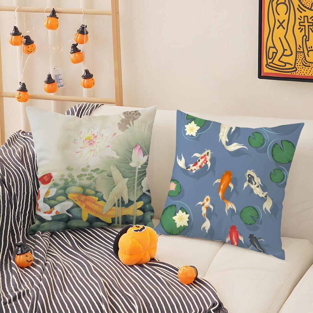 Natural Fun Koi Fish Lotus Pillow Case Silky Short Plush With Invisible Zipper Dustproof Sofa Cushion Cover For Home Decor