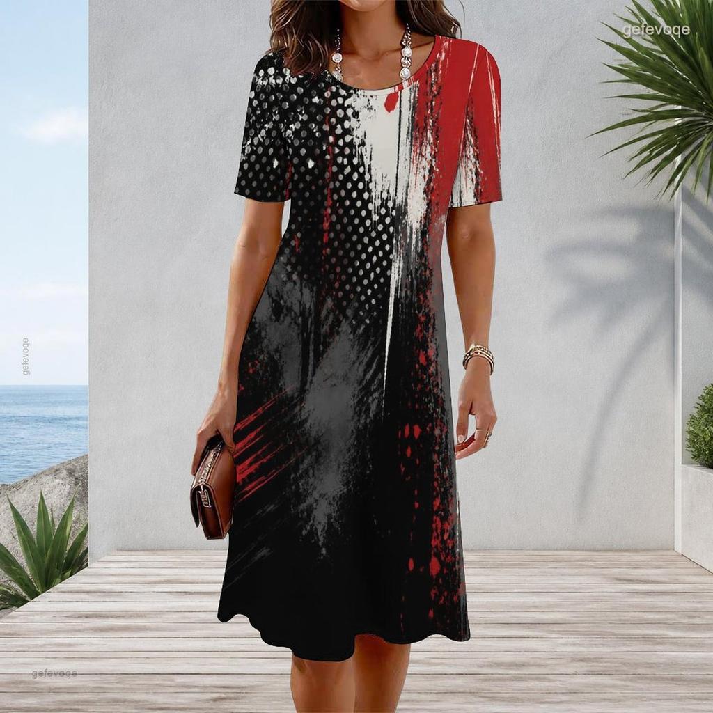 Women Plus Size Round Neck Short Sleeve Gradient Printed A Line Midi Dress
