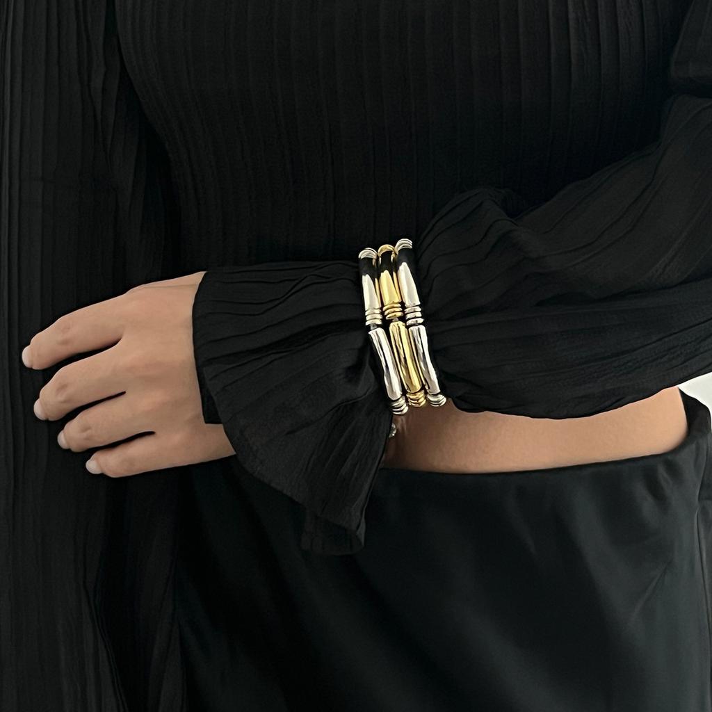 Fashion Light Luxury Style Beaded Bamboo Bracelet Set, Design Sense Metal Smooth Pipe Elbow Bracelet