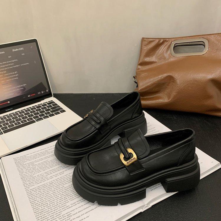 British style platform heightening small leather shoes women's French one-pedal not tired feet single shoes 2025 new black loafers