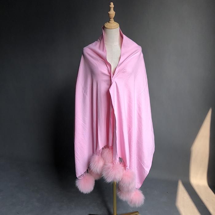 Factory Direct Pashmina Shawl Women Cashmere Scarf Shawl With Fox Fur Pompoms