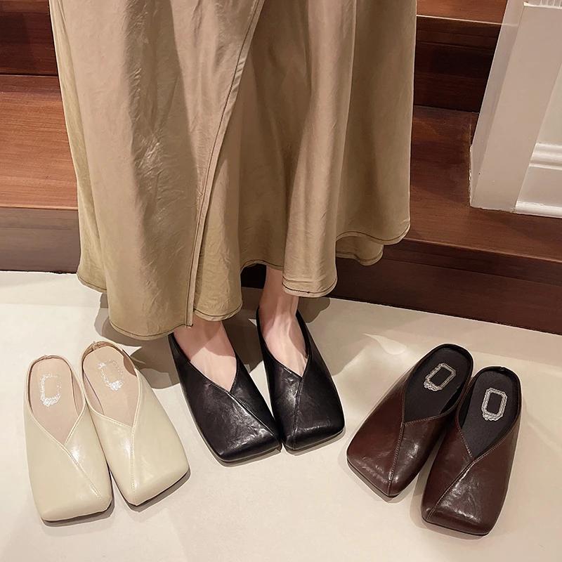 Fashion Fashionable Slip-ons for Women Square Toe Large Size 42 Flat Women's Shoes Light Spring Casual Outdoor Fashion Smooth New Mules