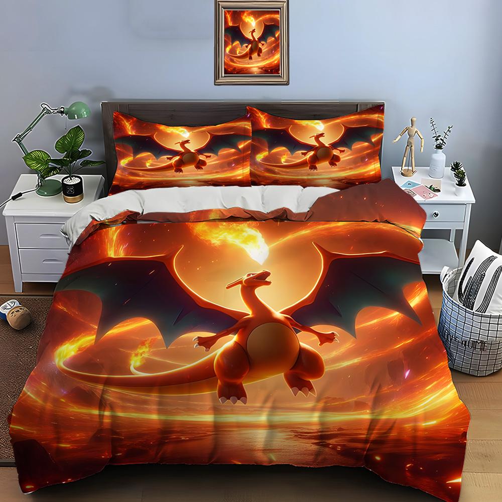 10 Sizes Pokémon Charizard Print Bedding Set 3 Pieces Setting Bed King Size Pillowcase Adult Bed Cover Bedroom Bed Set for Gifts
