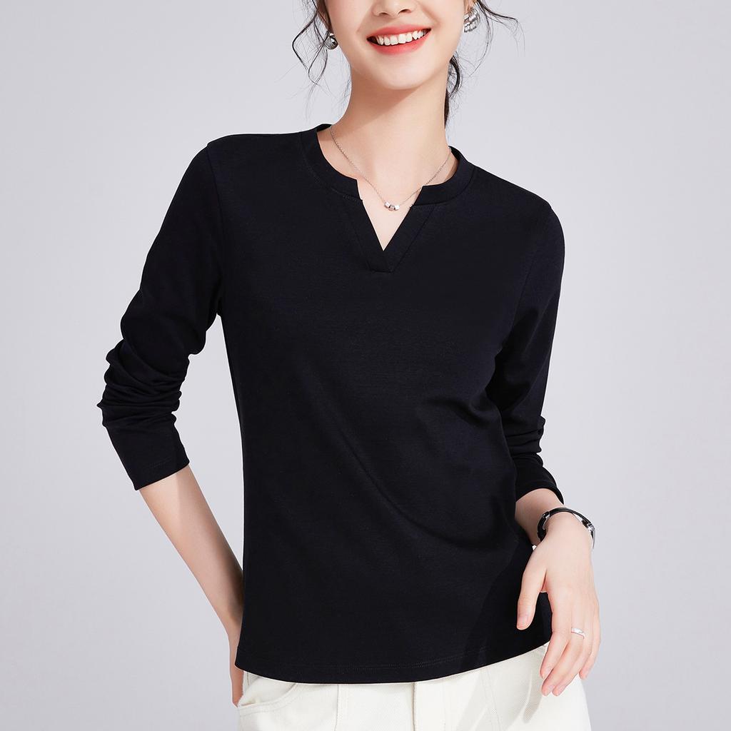 High-quality Half-open Mercerized Cotton Long-sleeved Women's Spring and Autumn Liquid Ammonia Slim-fitting Outer Wear Inner Bottoming Shirt Top