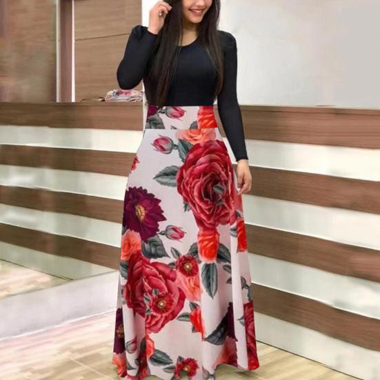 Women Floral Printed Patchwork Long Sleeve Cocktail Party Large Swing Maxi Dress