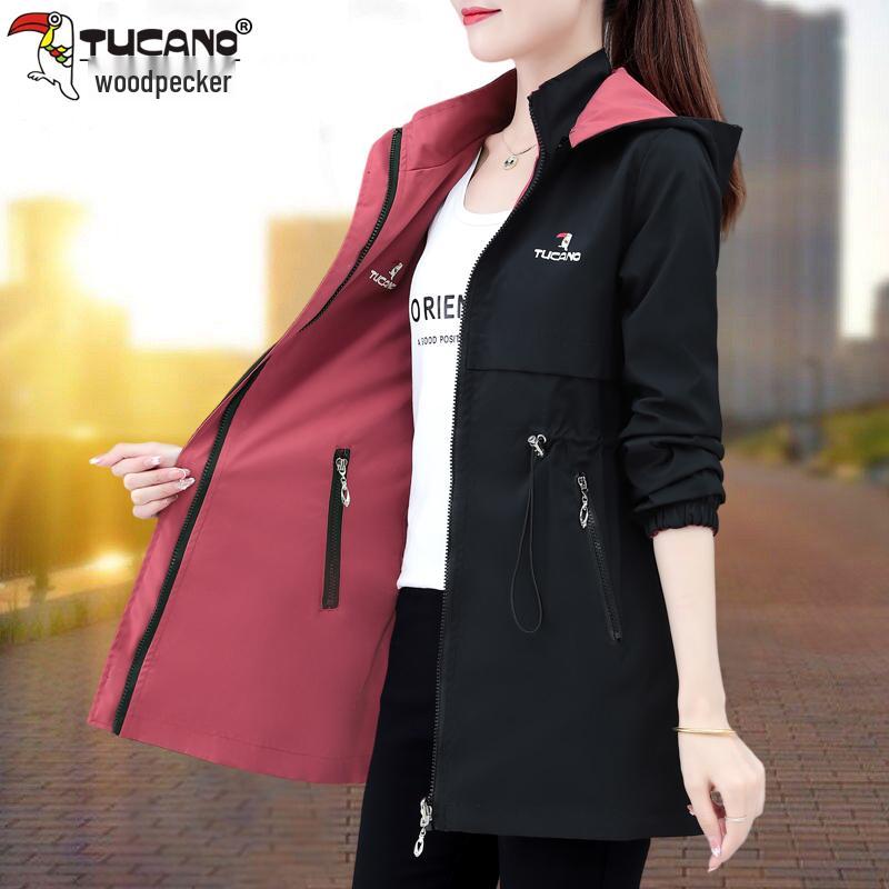 

Женский двусторонний тренч Woodpecker: Модная куртка свободного кроя средней длины на весну/осень 2025 3XL (140—155 jin) чёрный