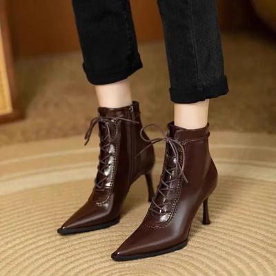 Fashion Women's Shoes 2024 Fashion Lace Up Women's Boots Autumn Winter Pointed Toe Solid Sexy Dress Stilettos or Thin Heels Zipper Boots