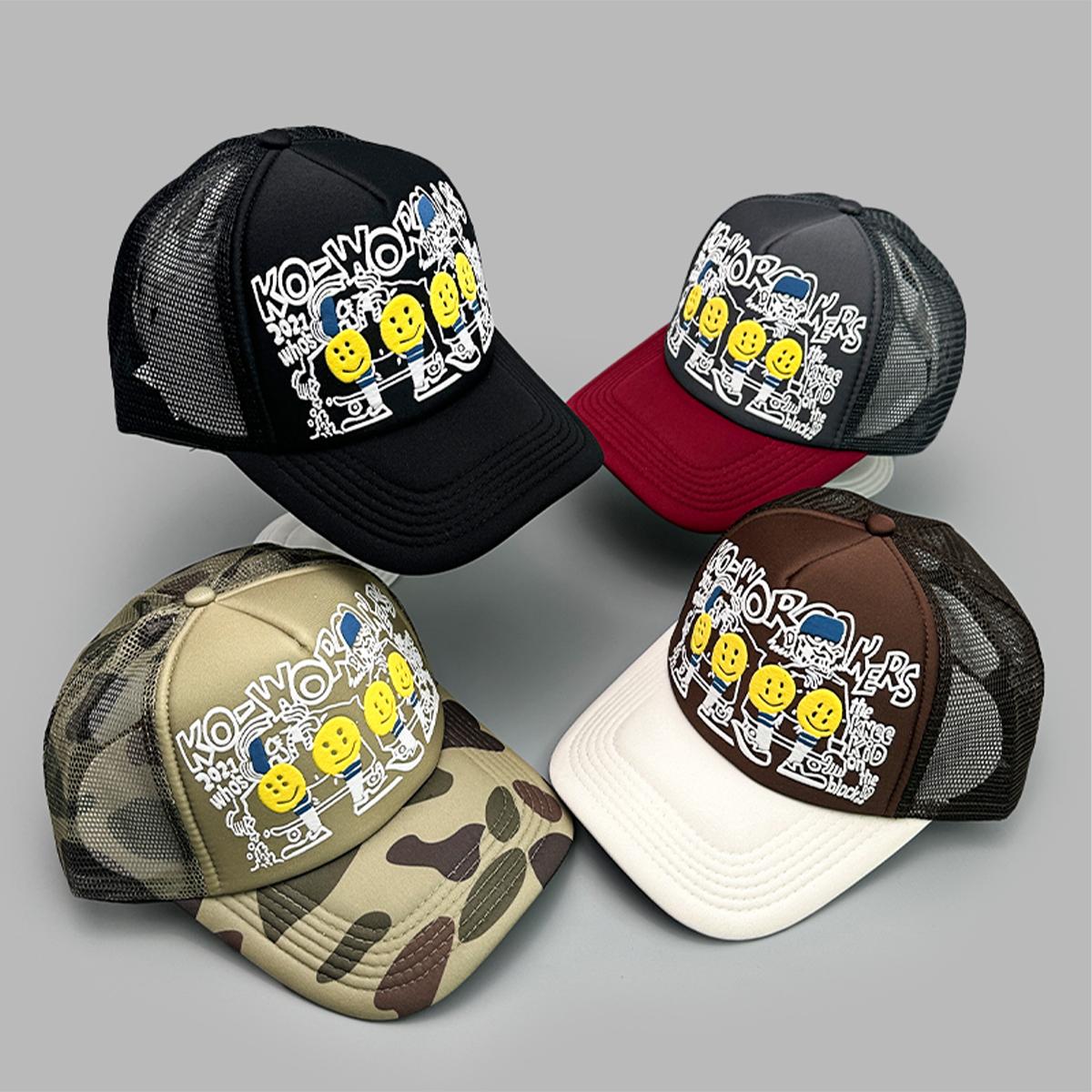 My Extreme Outdoor Activities Women's Black/Red/Gray Smiling Face 3D Printed Letter Baseball Hats New Unisex Color Block Sunshade Hip Hop Breathable Mesh Versatile Ins Trucker Caps 52-60Cm