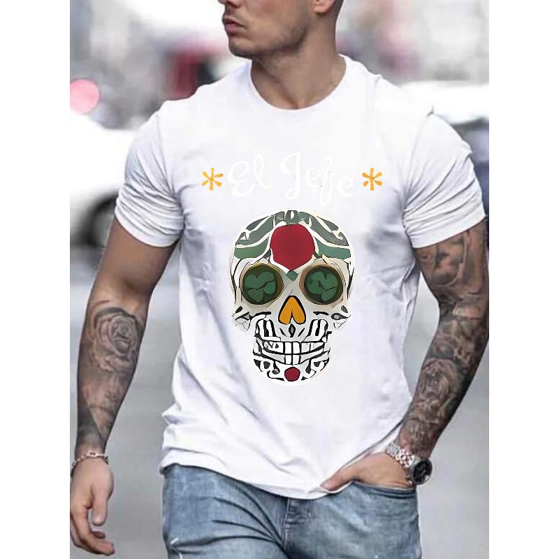 Men'S Casual Graphic T-Shirt - "El Jefe" Skull Print, Short Sleeve, Crew Neck, Light Gray, Summer Fashion Tee , Casual Attire | Comfortable