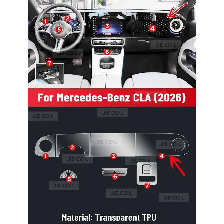Pro Mercedes Benz CLA 2026 Nová Energie Ochranná fólie na středovou konzoli, palubní desku a navigaci proti poškrábání z TPU