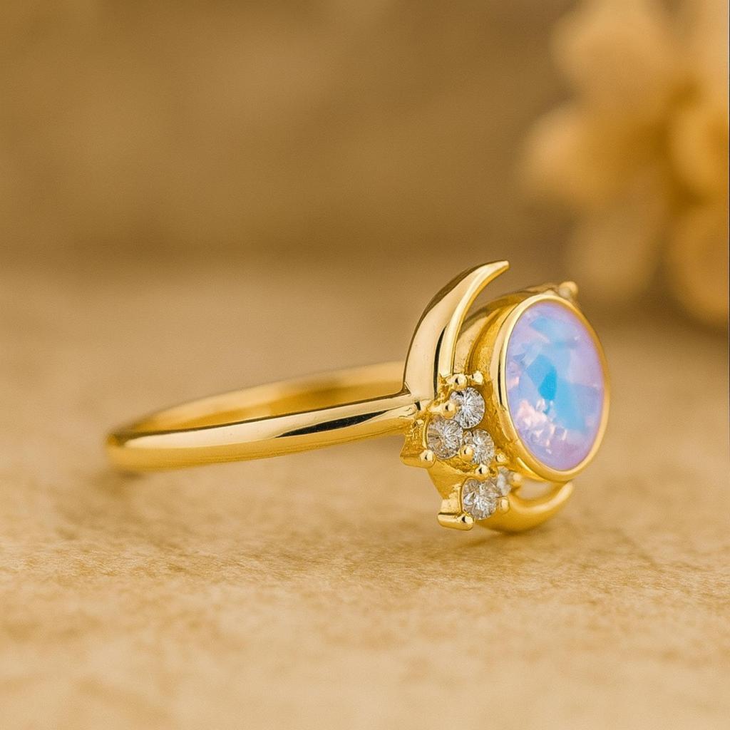 Moonstone Ring with Cubic Zirconia Side Stones – Gold Plated 925 Sterling Silver Crescent Moon Celestial Ring - Art Deco Bridal Jewelry Gift for Her