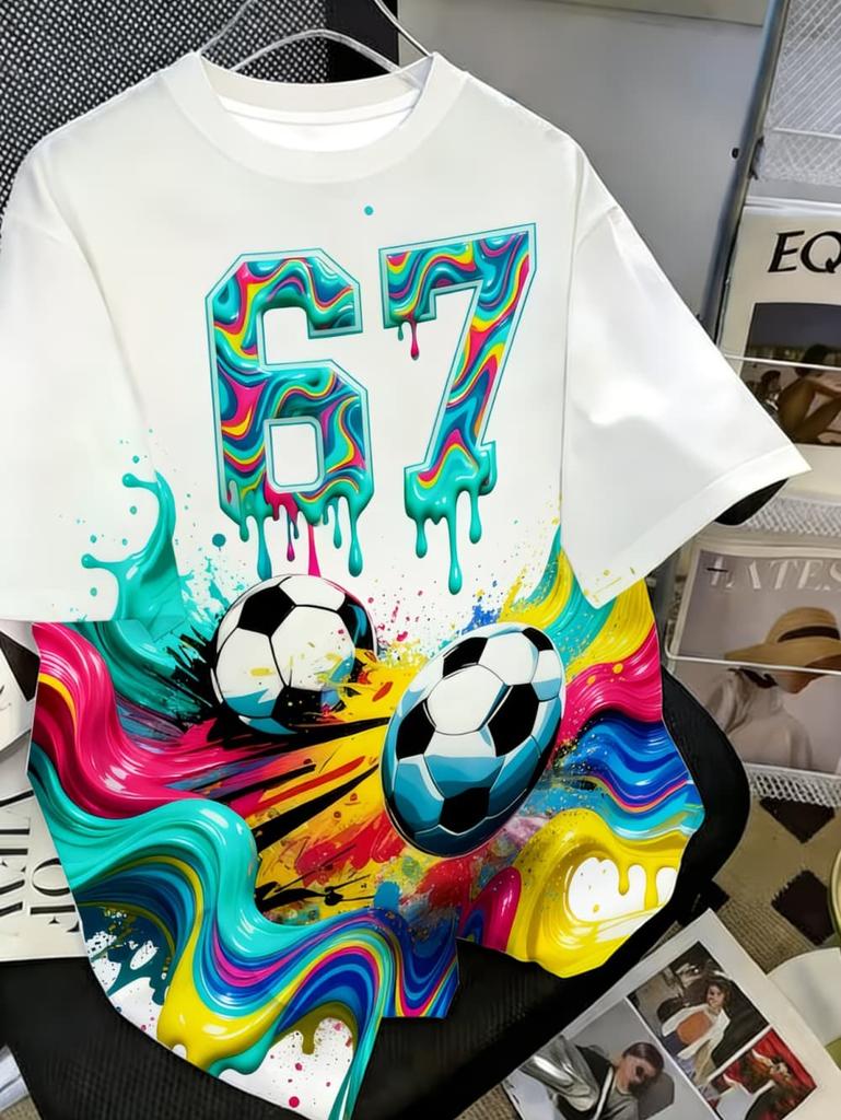 67 Digital Football Print Children's T-Shirt Boys Girls Fashion Casual Comfortable Round Neck Short-Sleeved T-Shirt Sporty Top