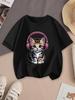 Cool Music Kitty T Shirt Adorable Striped Tabby Cat With Pink Over Ear Headphones Design Daily Casual Short Sleeve Tee